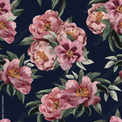 Naklejka - mata magnetyczna na lodówkę Seamless floral pattern with red, purple and pink roses on dark