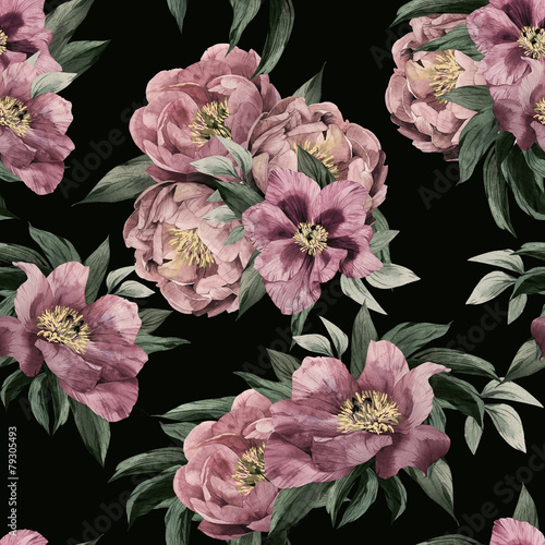 Naklejka dekoracyjna Seamless floral pattern with red, purple and pink roses on black