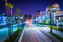 Long Exposure Of Traffic On Shoreline Drive At Night, In Long Be