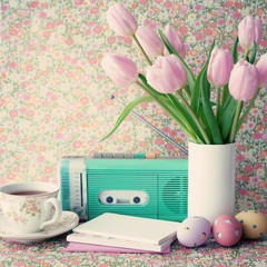 Wall Mural - Pink tulips and vintage objects