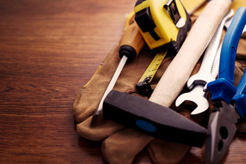 Close up Hand Tools on a Table with Copy Space