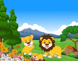Fototapeta Pokój dzieciecy - funny lion cartoon family in the jungle