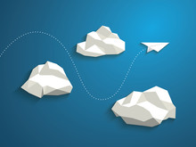 Paper Plane Flying Between Clouds. Modern Polygonal Shapes