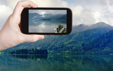 Sticker - tourist taking photo of Schliersee lake, Bavaria