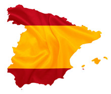 Spain - Waving National Flag On Map Contour With Silk Texture
