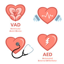 Artificial Heart, Defibrillator And Heart Care Symbols