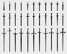 Black Silhouettes Of Swords On A White Background, Vector