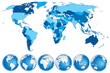 World map blue with countries and globes