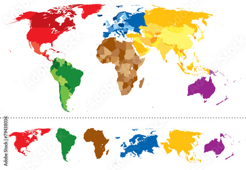 Photo World map continents multicolored