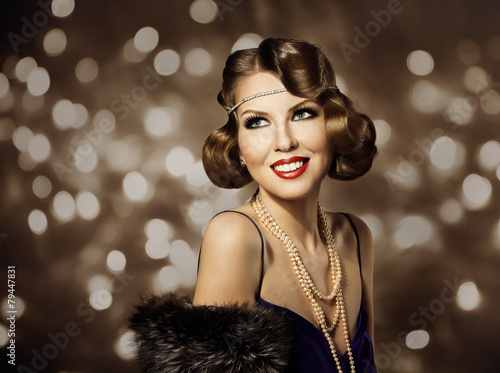 Fotografie, Obraz Woman Retro Hairstyle Portrait, Elegant Lady Make Up, Curly Hair
