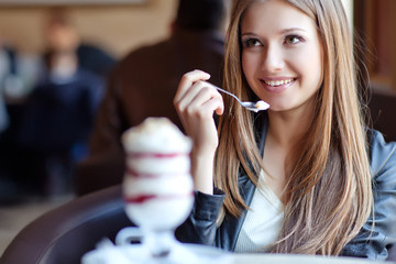 Poster - young beautiful woman in cafe