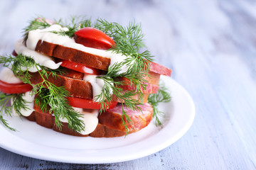 Wall Mural - Sandwich with sausage, tomato and mayonnaise