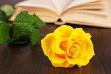 Book With Yellow Rose On Wooden Table Background