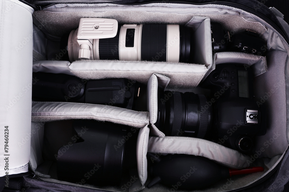 Backpack of photographer with camera, closeup