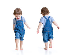 Happy Little Boy Running. Front And Rear View.