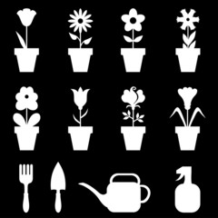 Sticker - Pot flowers icons set on black background