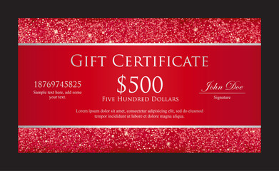 Luxury red gift certificate with borders from glitters