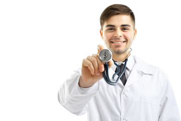 Poster - Male Doctor with stethoscope isolated on white