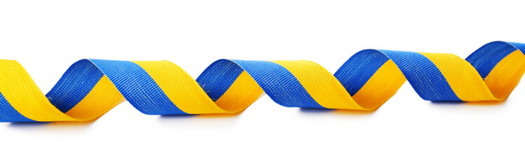 Canvas Print - Colorful blue-yellow fabric ribbon  isolated on white