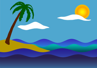 Sticker - Vector illustration. Palm tree, the sea and waves.