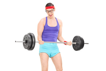 Sticker - Nerdy guy exercising with a weight