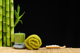 Fototapeta Bambus - Spa style Towel with Bamboo, salt in spoon
