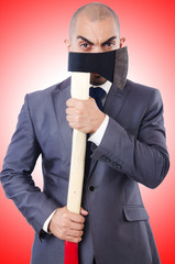 Funny businessman with axe on white