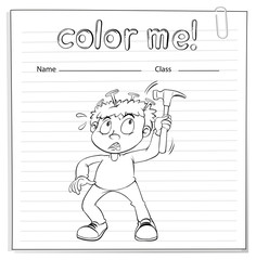 Wall Mural - Coloring worksheet with a boy holding a hammer