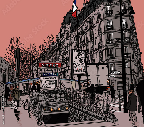 Obraz w ramie View of a street in Paris with metro station