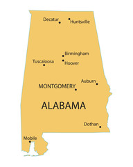 yellow map of alabama with indication of largest cities