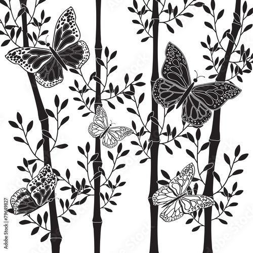 Dekoracja na wymiar  czarno-biala-grafika-piec-motyli-i-cztery-bambusowe-lodygi
