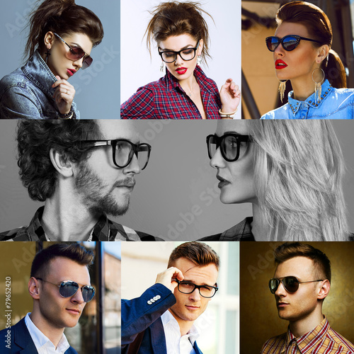 Naklejka na szafę The concept fashion beauty female and male. Collage of young wo