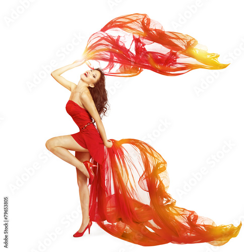 Naklejka na meble Woman Dancing in Red Dress, Cloth Flying Waving on Wind Dance