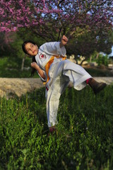 Wall Mural - Young girl in kimono w yellow belt exercising karate.