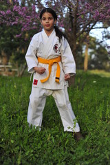 Wall Mural - Young girl in kimono w yellow belt exercising karate.