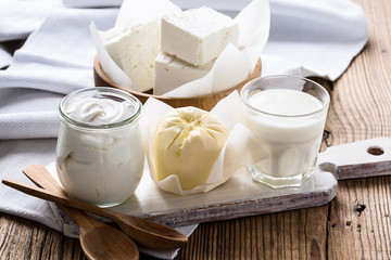 Dairy products on wooden table