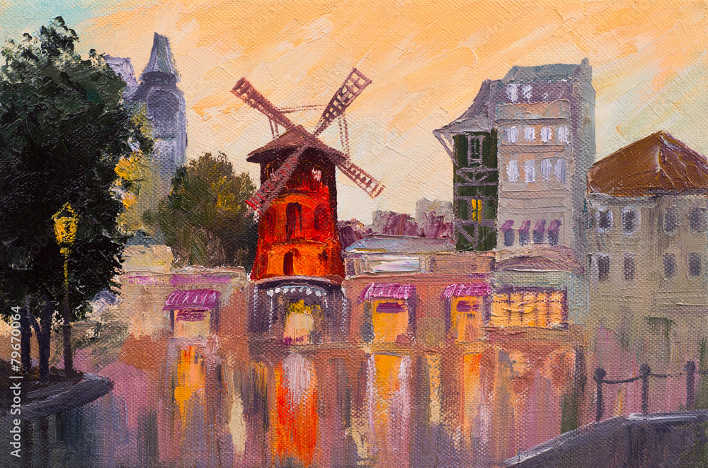 Oil painting cityscape - Moulin rouge, Paris, France - obrazy, fototapety, plakaty 
