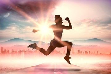 Aufkleber - Composite image of fit brunette running and jumping