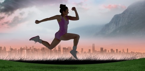 Aufkleber - Composite image of fit brunette running and jumping