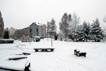 Wall Mural - Winter snowfall in capital of Lithuania Vilnius city