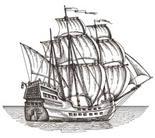 Ship Vector Logo Design Template. Sailboat Or Frigate Icon.