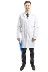 Poster - Male Doctor holding clipboard isolated on white