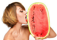 Pretty Woman Hold In Hands And Lick Fresh Red Watermelon