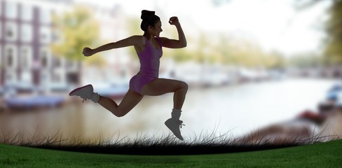 Aufkleber - Composite image of fit brunette running and jumping