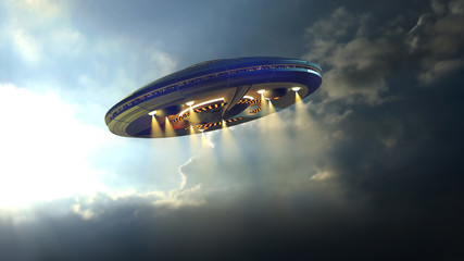 alien ufo saucer flying through the clouds above earth