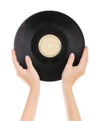 Two hands hold Vinil Record white isolated.