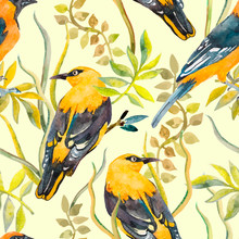 Seamless Pattern Of Birds And Plants.