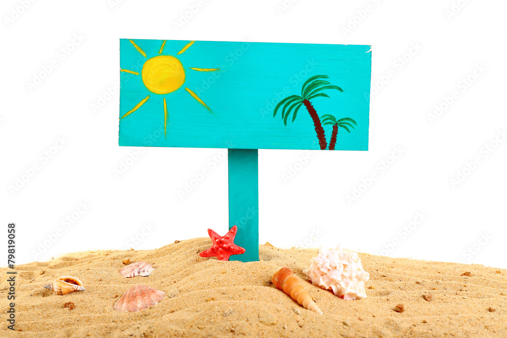 Wooden sign standing in sand isolated on white