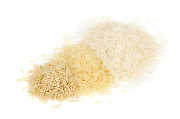 Wall Mural - Brown, Parboiled and White Rice Isolated on White Background