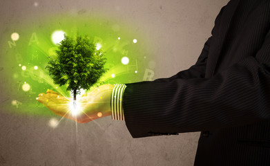 Wall Mural - Glowing tree growing in the hand of a businessman